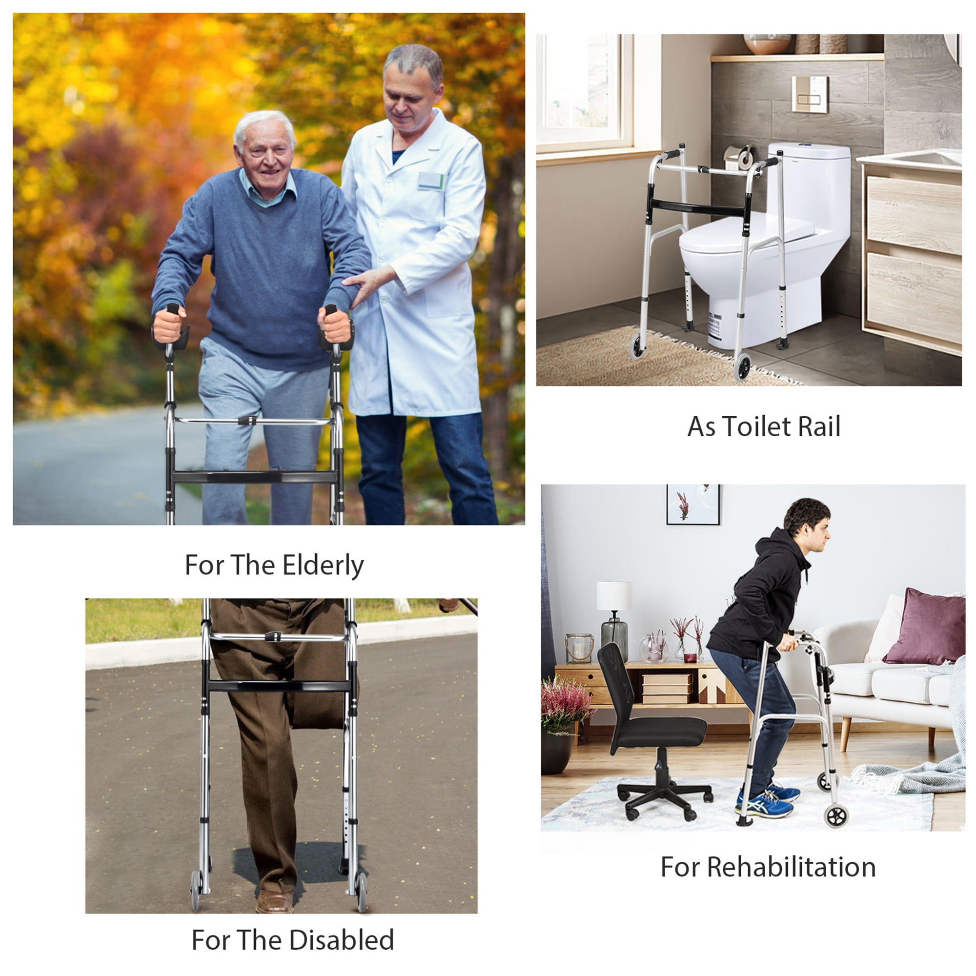Gymax Folding Walker Aluminum Walking Aid Adjustable Walking Frame with Wheels Sliver