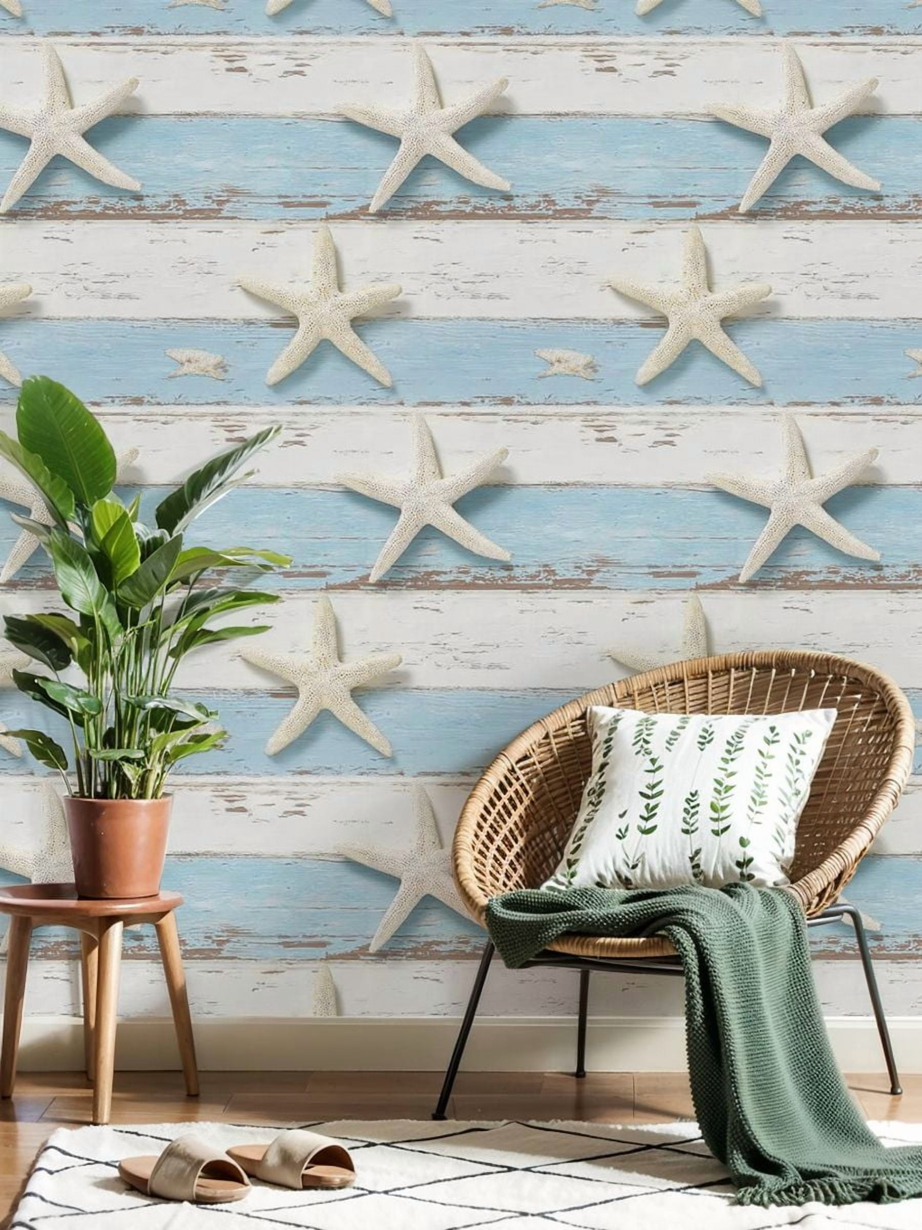 Coastal Peel and Stick Wallpaper White Starfish Distressed Blue White Wooden Plank Contact Paper 23.6in x 9.8ft Wallpaper Removable Self Adhesive Wall Paper for Bedroom