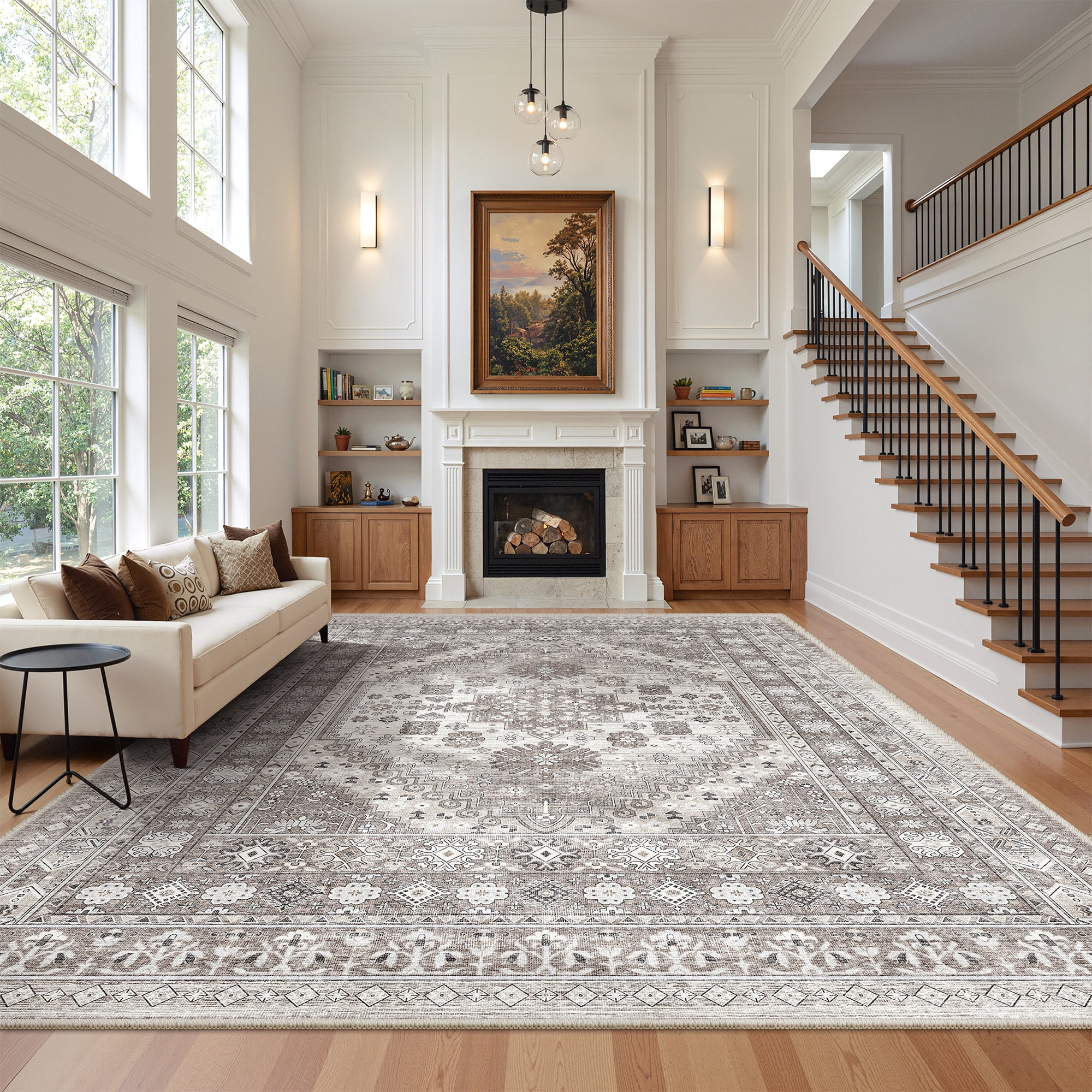 Roxstand 9x12 Area Rugs for Living Room, Vintage Large Area Rug, Non-Slip Backing Washable Rug, Stain Resistant Home Decor Rug (9'x12', Brown)