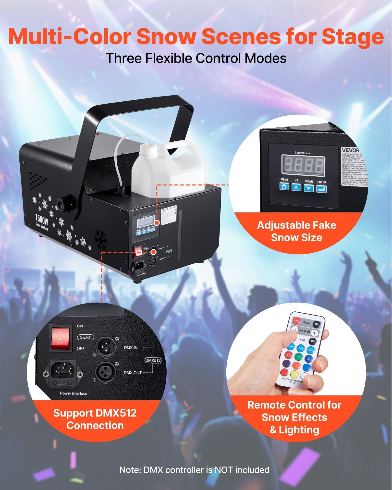 1500W Snow Machine with RGB DMX512 Signal Control, 9 LED Lights, Wireless Remote, High Output Snowflake Machine with 5L Tank, Portable DJ Stage Snow Maker for Christmas Parties Stage Effects
