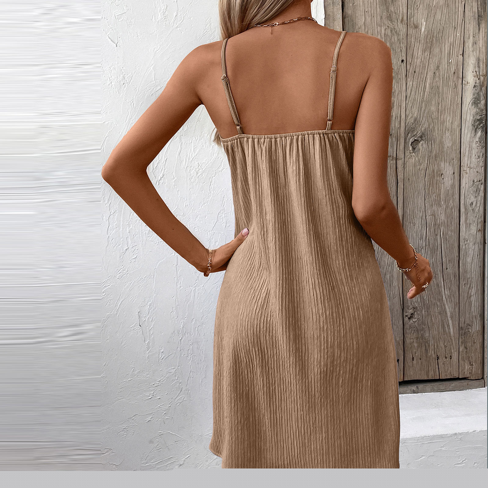 thumbnail image 5 of gljltg Summer Dress for Women V-Neck Button Front Sleeveless Suspender Dress Casual Spahgetti Strap Solid Color Dress Swing Mini Dress Bohemian Sundress, 5 of 5