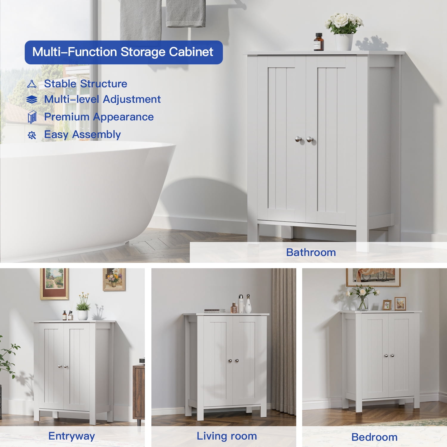 ASJMR Farmhouse Bathroom Floor Cabinet with 2 Doors, Modern Storage Freestanding Organizer Cabinet with Adjustable Shelves, Small Bathroom Cabinet for Kitchen/Bathroom/Living Room, White