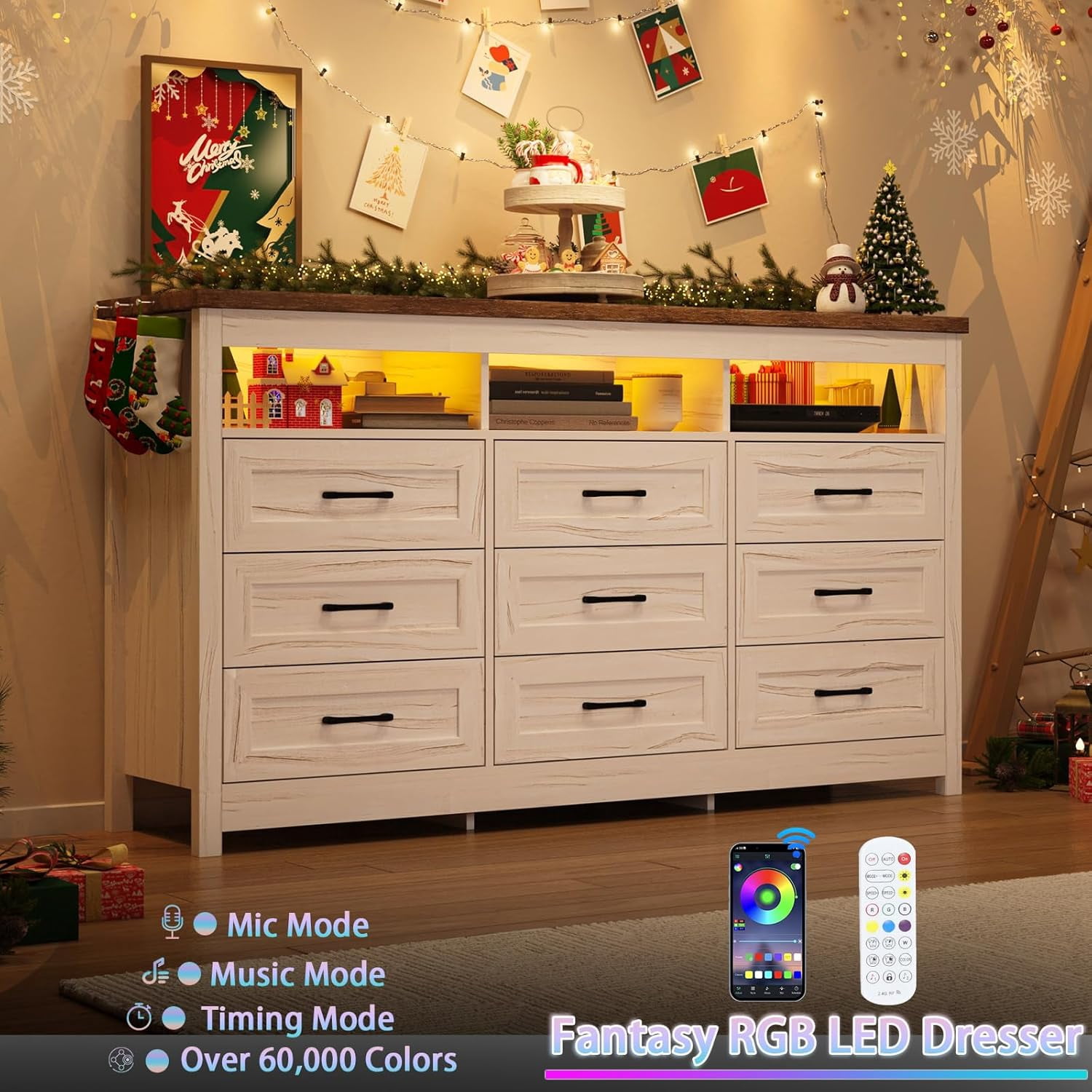 ANPOO Farmhouse 9 Drawers Dresser with LED Lights & Power Outlet, 63" Wide Large Chest of Drawers with Storage Organizer/60000 Colors Light, Modern Wood Dresser for Bedroom, Living Room, Hallway