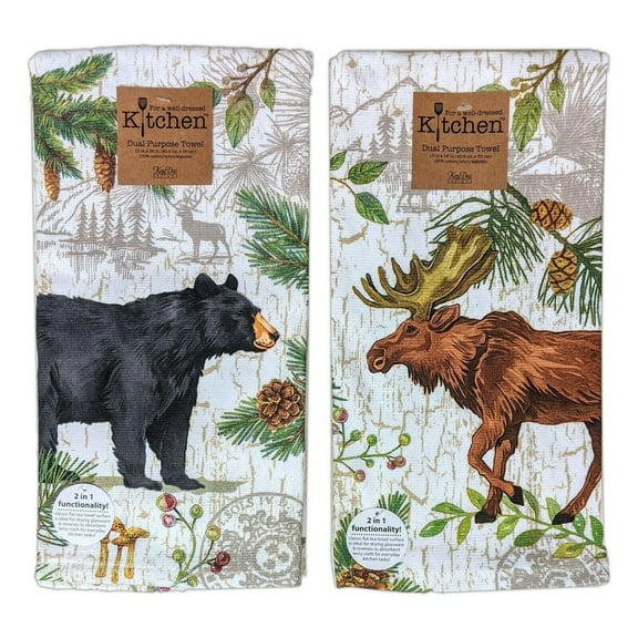 Kay Dee Designs Pinecone Trails Moose & Bear 2-Count Brown Leaf Terry Kitchen Towels