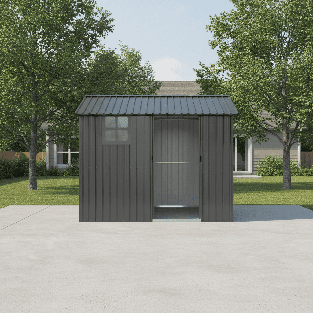 Mintazer 8×6ft Metal Outdoor Storage Shed with Lockable Sliding Doors & Window, Weatherproof Garden Tool Shed, Gray