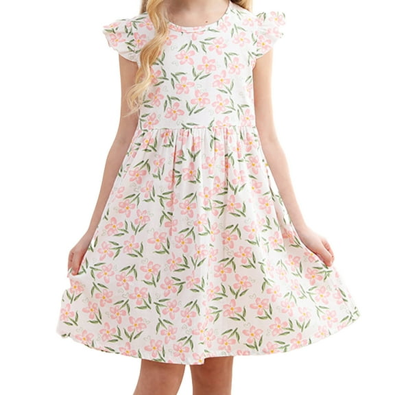Elainilye Fashion Girls Dresses Summer Thin New Style Floral Dress Short-sleeved Princess Dress, Sizes 2-10 Years