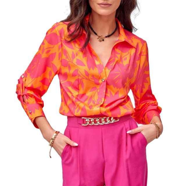 Blusas De Verano Blusas básicas con estampado floral Camisa de manga larga para mujer Traje diario (Naranja XL) Ygjytge para Mujer Naranja T L