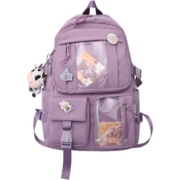 LHSHIDU Kawaii Backpack with Pins Kawaii School Backpack Cute Aesthetic Backpack Cute Kawaii Backpack for School (Beige, With Accessories)