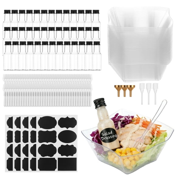 36 Sets Salad Appetizer Cups, Clear Plastic Salad Bowls with Dressing Bottles, Forks, Labels, Funnels, and Droppers, 5 oz Square Plastic Charcuterie Cups, Party Wedding Catering Supplies