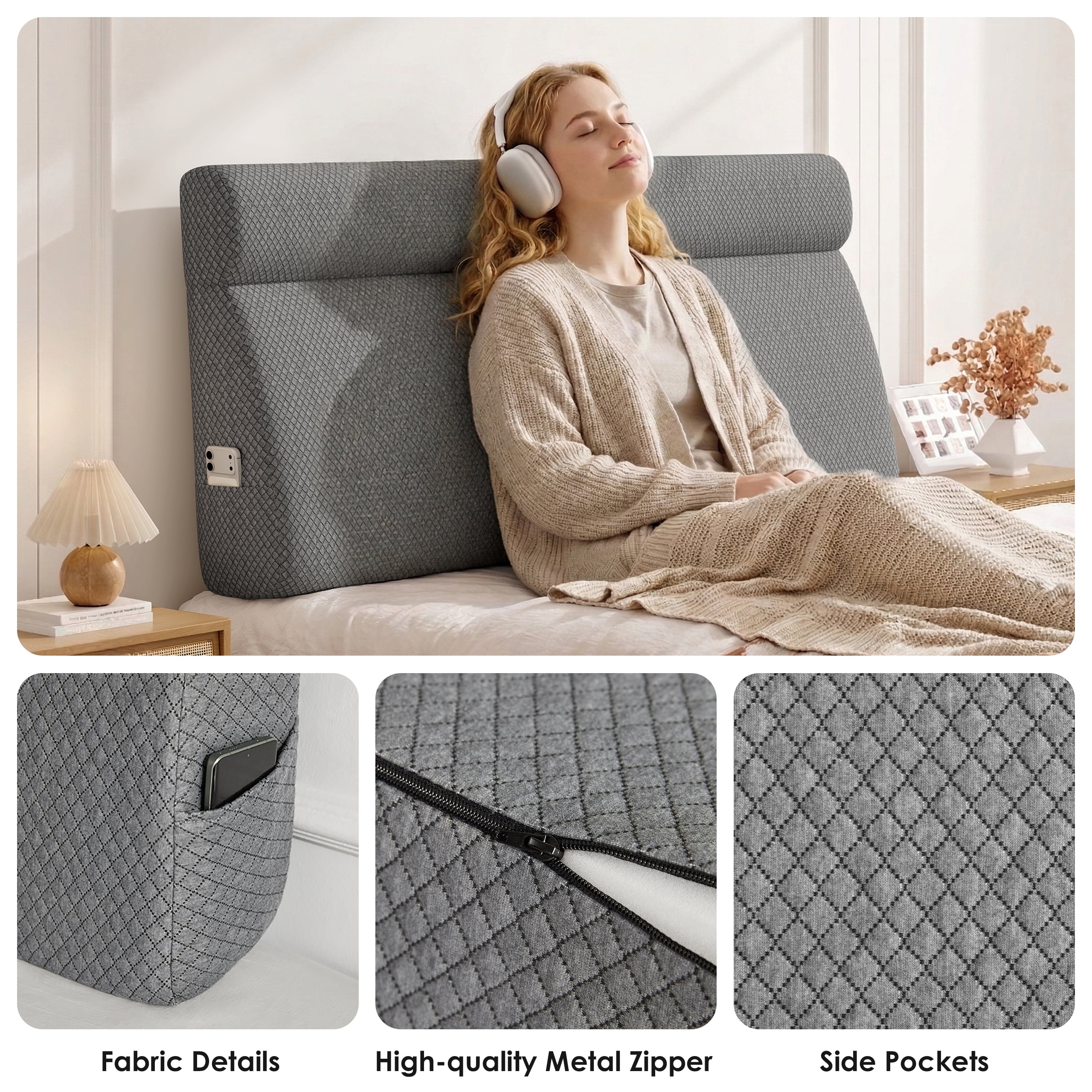 Someet Upholstered Foam Headboard Queen Bed, Wedge Pillow Headboards with Removable Cover,  Ergonomic Head Board, Fabric Gray