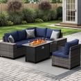 thumbnail image 3 of JOIVI 7 Pieces Patio Furniture Set with 45" Fire Pit Table, Wicker Outdoor Conversation Set with Cushions, Rattan Sectional Sofa and Table Set with 50,000 BTU Gas Fire Pit, Navy Blue, 3 of 15