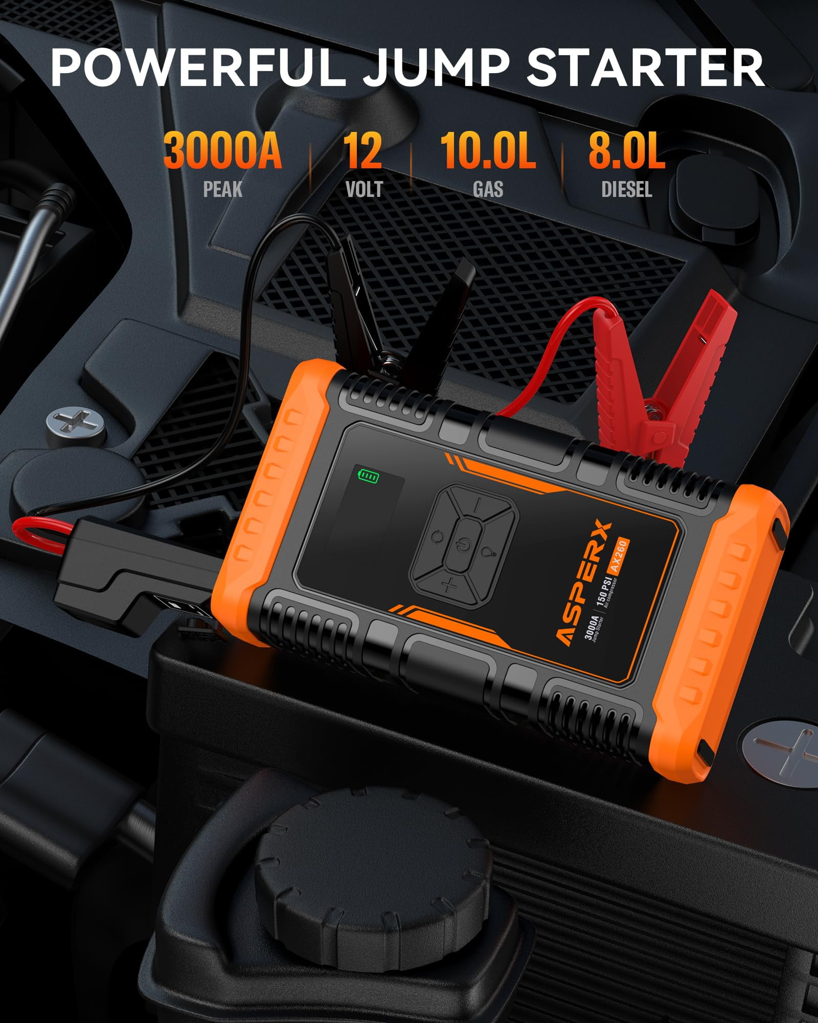 ASPERX Jump Starter with Air Compressor(Up to 10L Gas/8.0L Diesel Engines)，3000A Car Battery Jump Starter with USB Fast Charging,Portable Battery Jumper for 12V Car SUV Vehicles