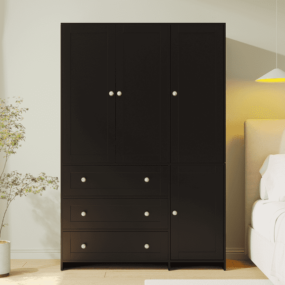 Richya Wardrobe Closet Armoire Storage Cabinet 3 Doors with Hanging Rod for Hanging Clothes Bedroom Large Capacity Tall Freestanding Armoire Organizer with Shelves particle board