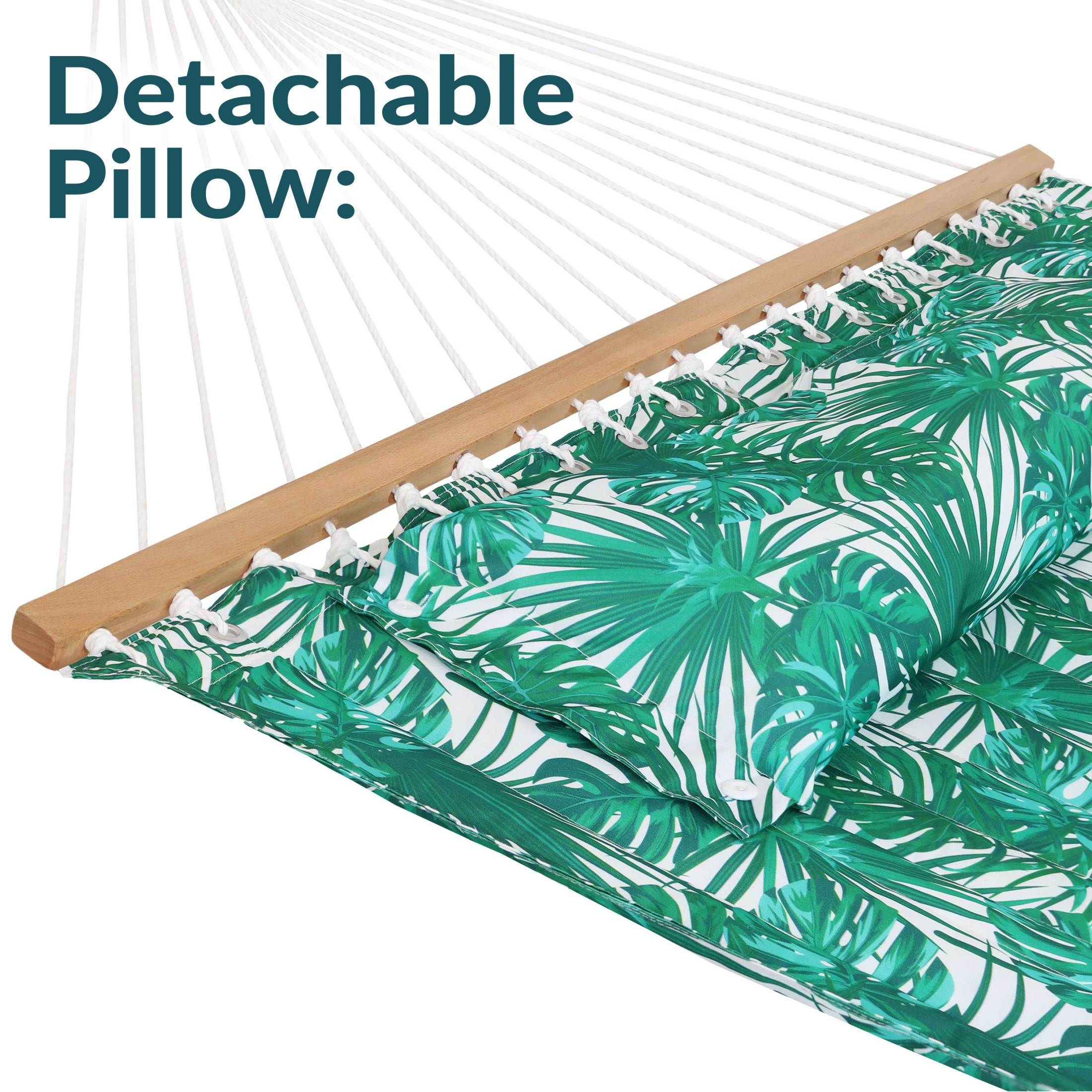 Sunnydaze 2-Person Quilted Polyester Spreader Bar Hammock, 450 lb - Green Palm Leaves