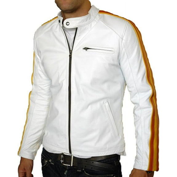 Men's Genuine White Lambskin Leather Jacket Slim fit Motorcycle jacket A667
