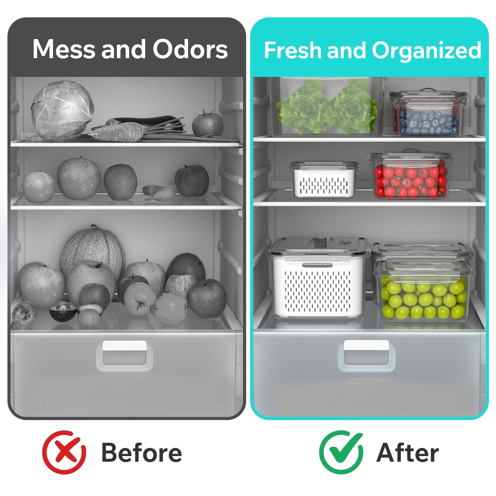 5-Pack Fruit Storage Containers for Fridge, Fridge Organizer Refrigerator Organizer Bins with Lids, Airtight Food Storage Container with Removable Colander
