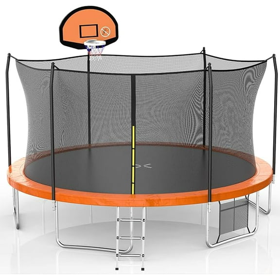 AOTOB 15FT Trampoline for Kids,Outdoor 1400LBS Trampoline with Basketball Hoop,Safety Enclosure Net and Ladder