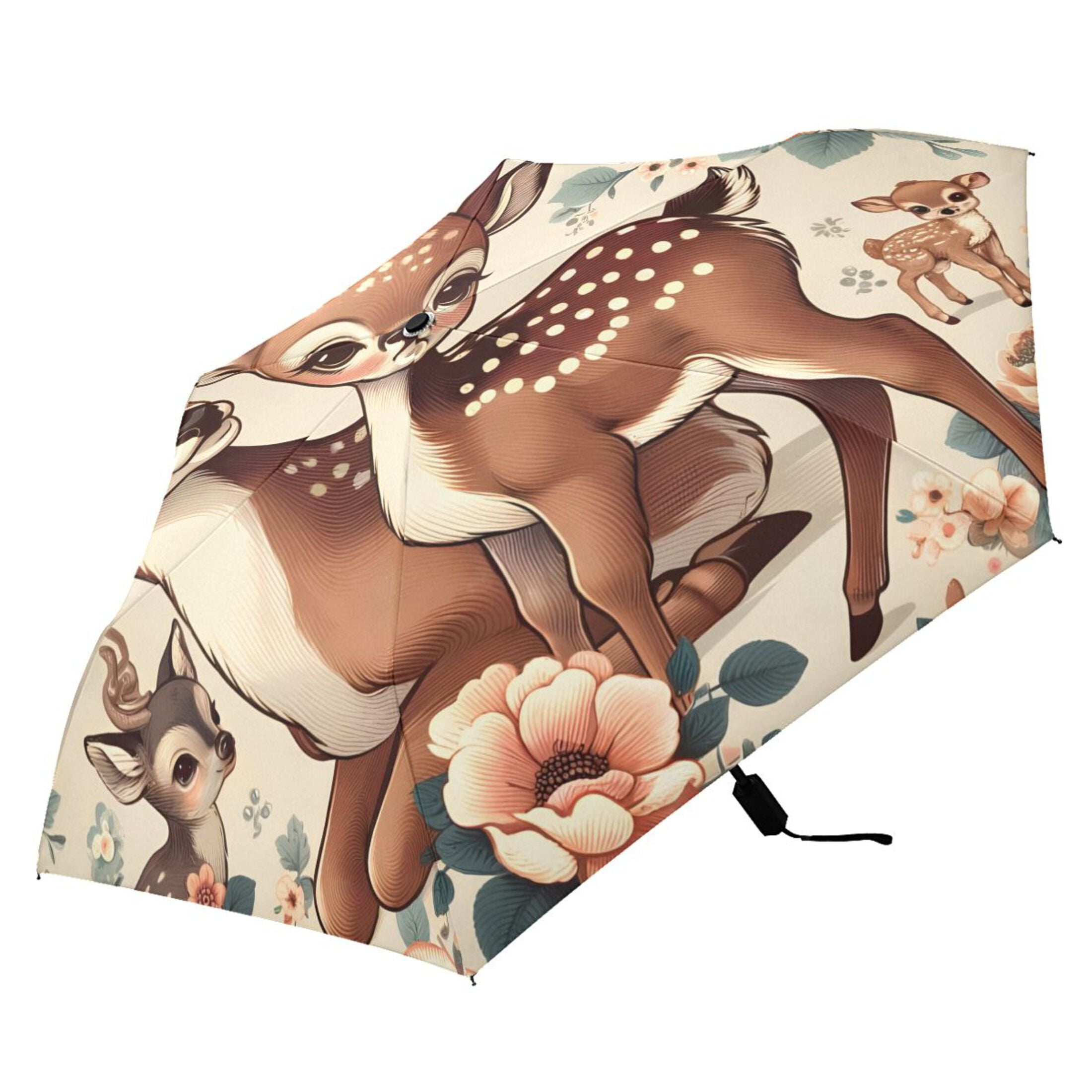 Retro Sika Deer and Flowers Compact Sun Umbrella Windproof Travel Umbrellas for Rain Strong Portable UV Protection