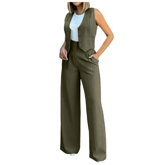 BYHONG Womens Elegant Solid Color Suit Vest Tank Cardigan Pockets Tops Wide Leg Pants Suit Womens Pant Suits Army Green L