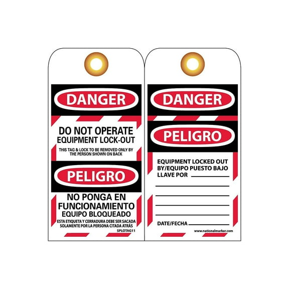 National Marker Lockout Tags; Danger Do Not Operate Equipment Lock Out Bilingual 6" x 3" Unrip Vinyl