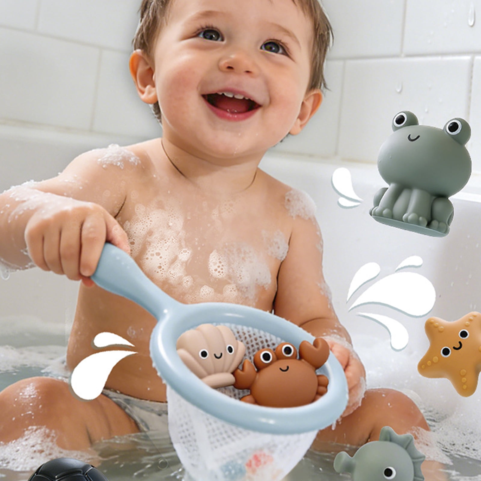 Squeeze Animal Squirt Toy And Shark Fishing Net Kids Bathroom Set, Toddlers Shower Time Distraction Interactive Water Table Play Routine, Non Toxic BPA Free Smooth Floating Sensory Games For Babies