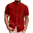thumbnail image 2 of Domuza Cotton Linen Shirts Men Casual Mock-Neck Short Sleeve Button-Up T-Shirts 2026 New Trendy Lightweight Wedding Beach Tops Red XXL, 2 of 4