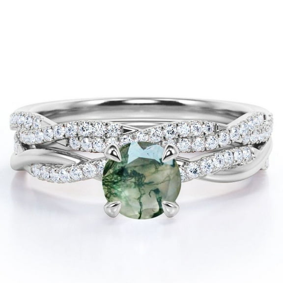 JeenMata Twisted Pave - 1.75 Carat Round Shaped Milky White Moss Green Agate and Moissanite - Four Prong Wedding Set - 18K White Gold Plating over Silver