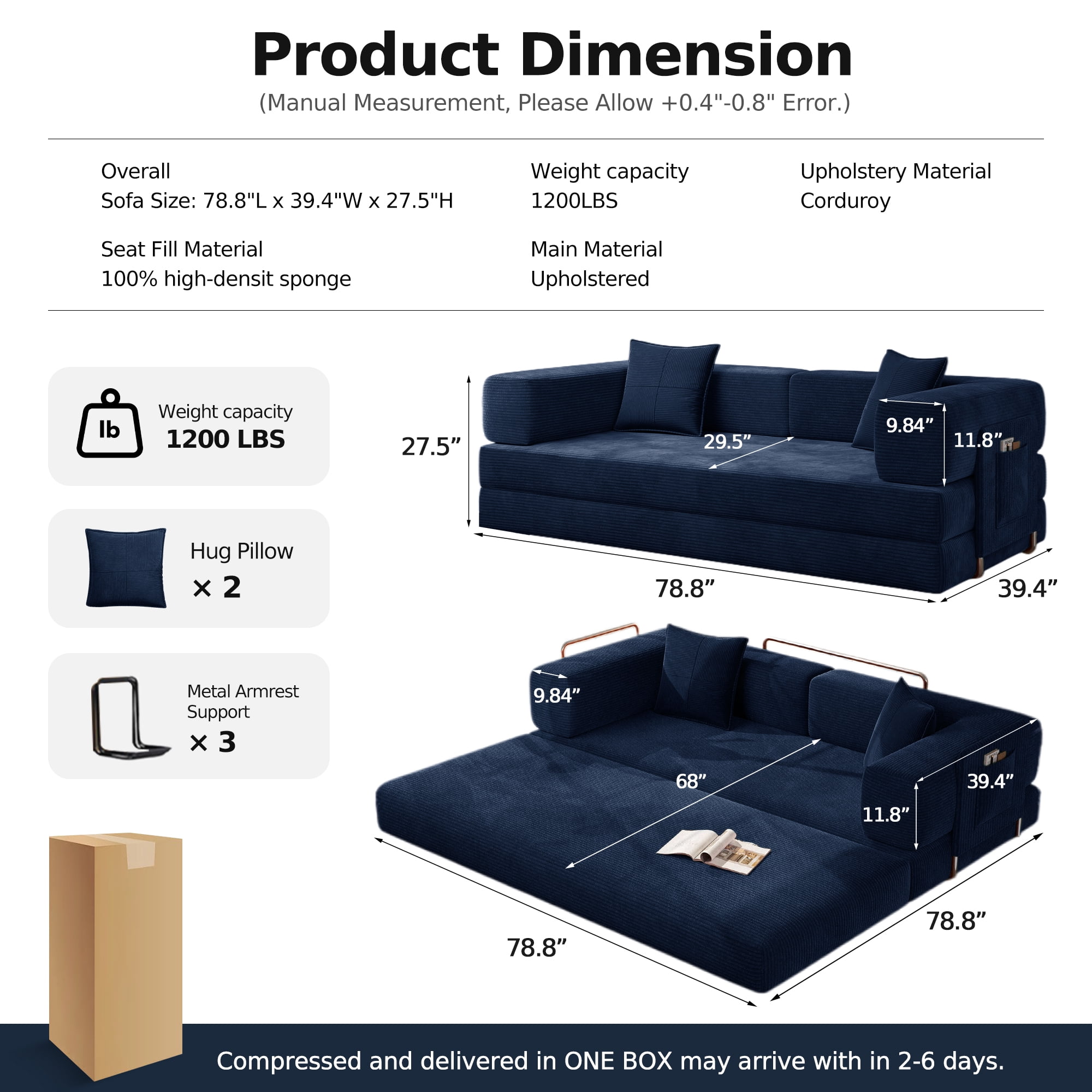 DILORA Convertible Sleeper Sofa Bed,Compressed Floor Boneless Couch,Modular Modern Corduroy Sofa for Living Room Bedroom,Easy Assembly(Bule)78.8''
