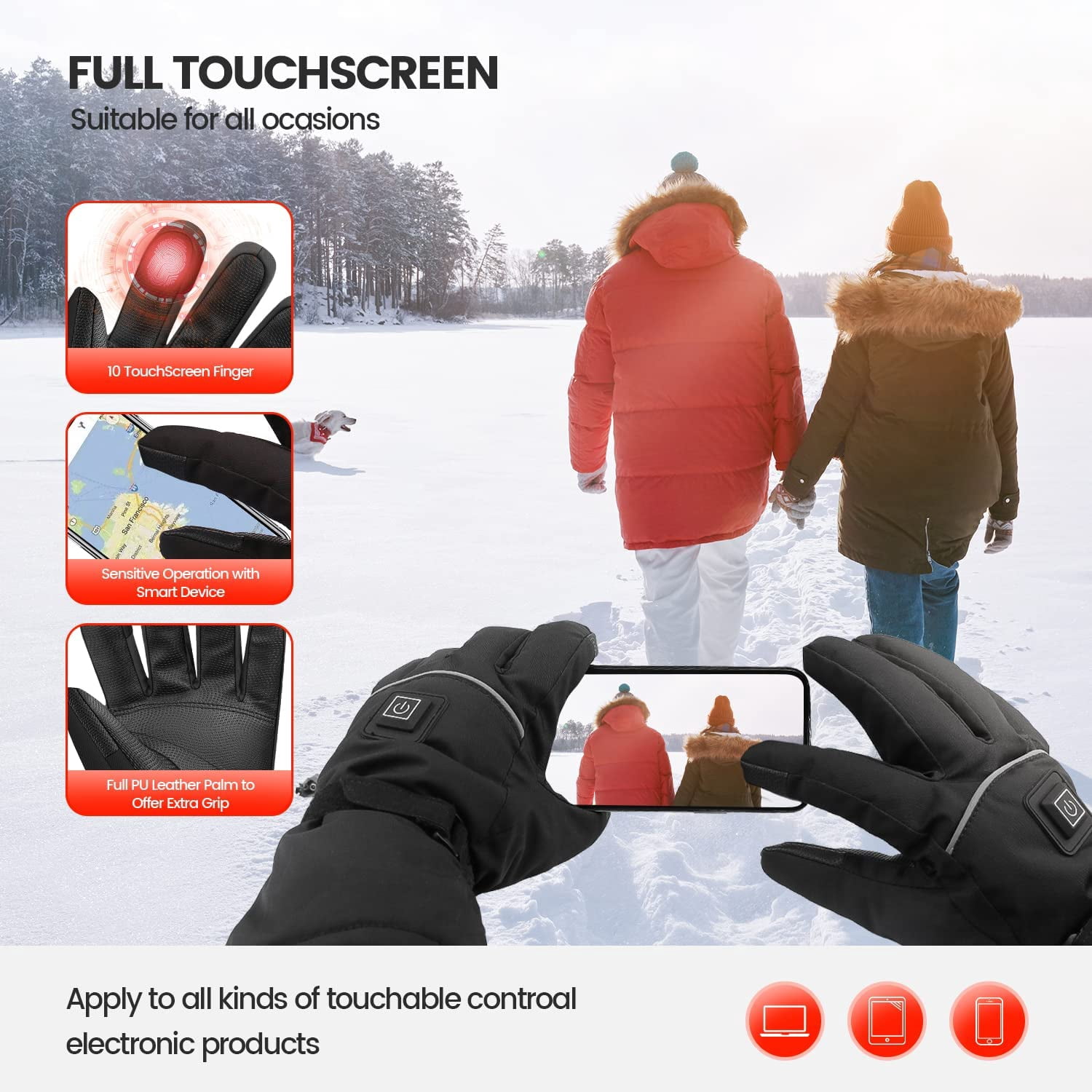 VIRNAZ Heated Gloves for Men Women, Rechargeable 5000mAh Electric Battery Touchscreen Warm Gloves for Skiing Skating Snow Hiking