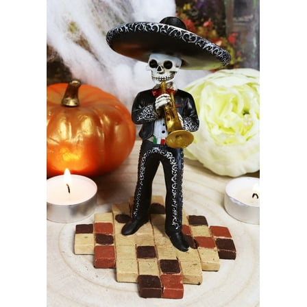 Ebros Gothic Day of The Dead Black Mariachi Skeleton Trumpet Player Figurine