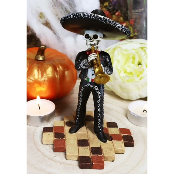 Ebros Gothic Day of The Dead Black Mariachi Skeleton Trumpet Player Figurine