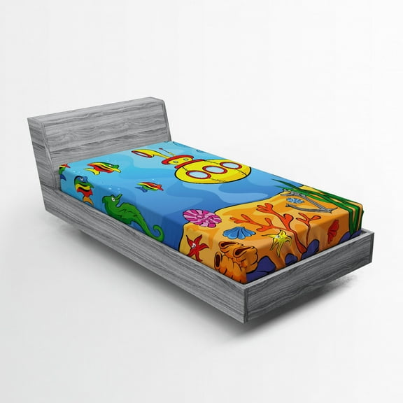 Ambesonne Yellow Submarine Fitted Sheet, Submarine Seahorse, Twin XL Size, Marigold and Aqua