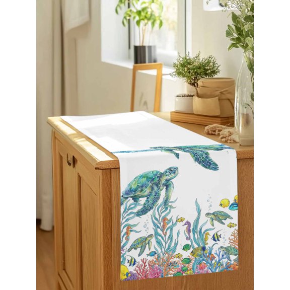 Watercolor Sea Turtle Coral Seaweed Table Runner 36 Inches Long,Kitchen Dining Tablerunners Ocean Life Fish Seahorse Linen Table Runners Dresser Scarves for Home Dinner Wedding Holiday Party Decor