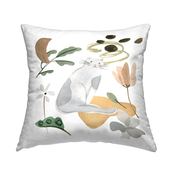 Stupell Industries Smiling Gray Cat Minimal Flower Sprigs Design by Melissa Wang Throw Pillow