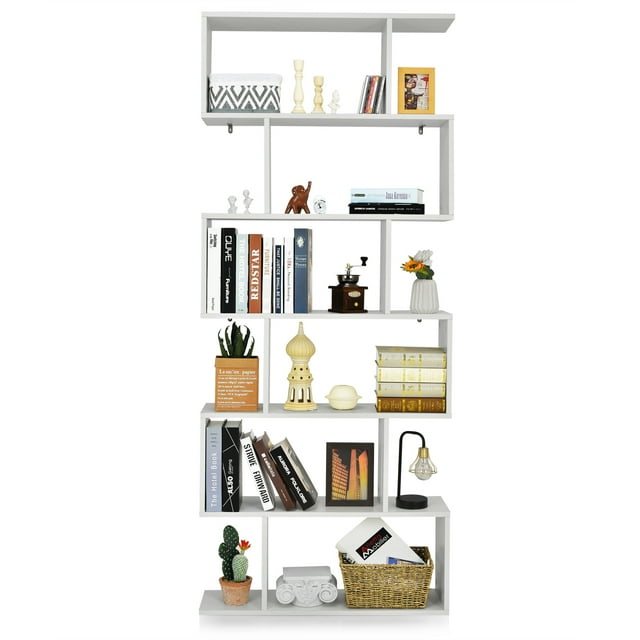 Patiojoy 6-Tier S-Shaped Wooden Bookshelf Storage Bookcase Multifunctional Display Stand Shelf White