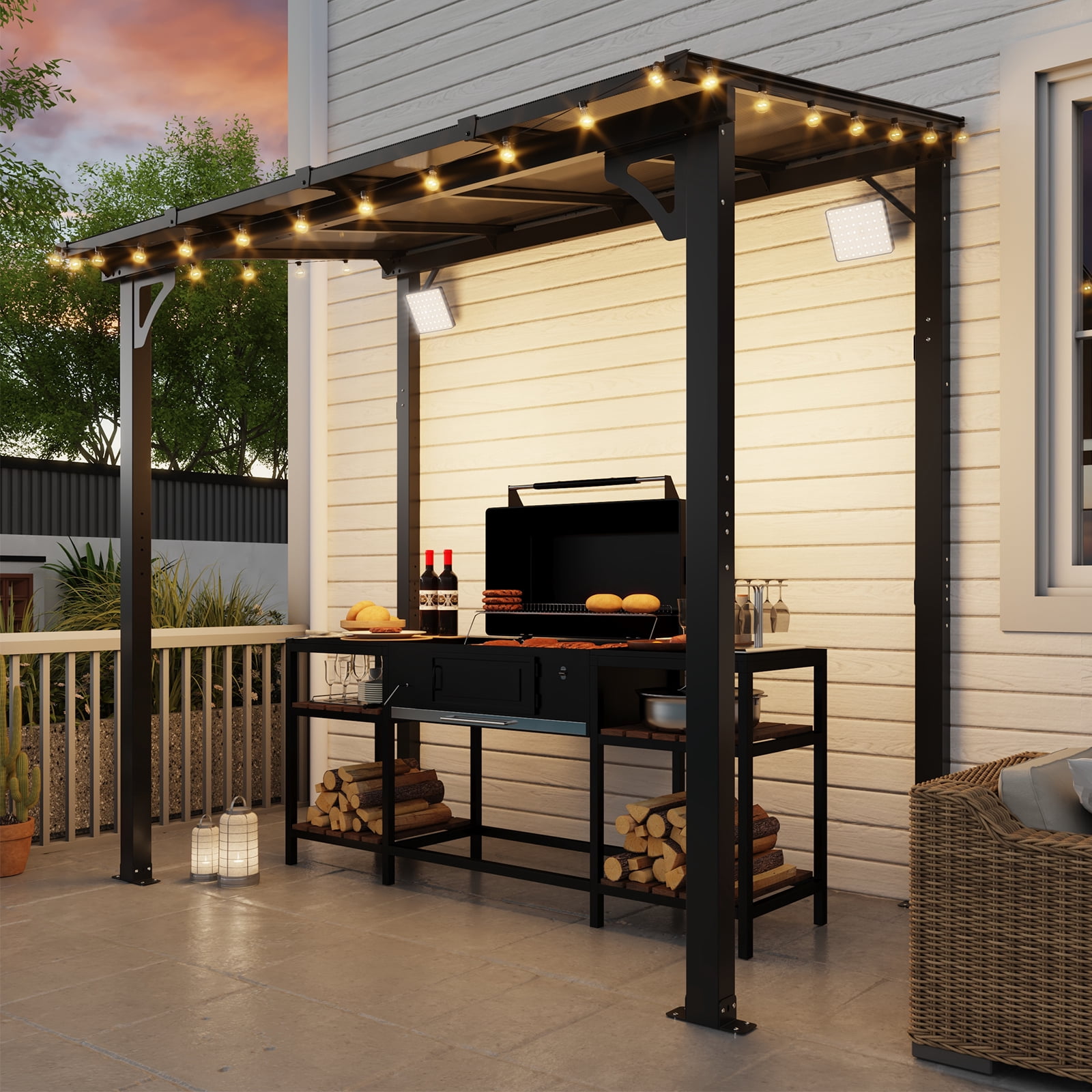 MEISSALIVVE 5' x 8' Hardtop Wall Mounted Gazebo Pergola, Lean-to Metal Awning with Sloped Roof, Outdoor Shelter for Patio, Deck, Backyard, Black