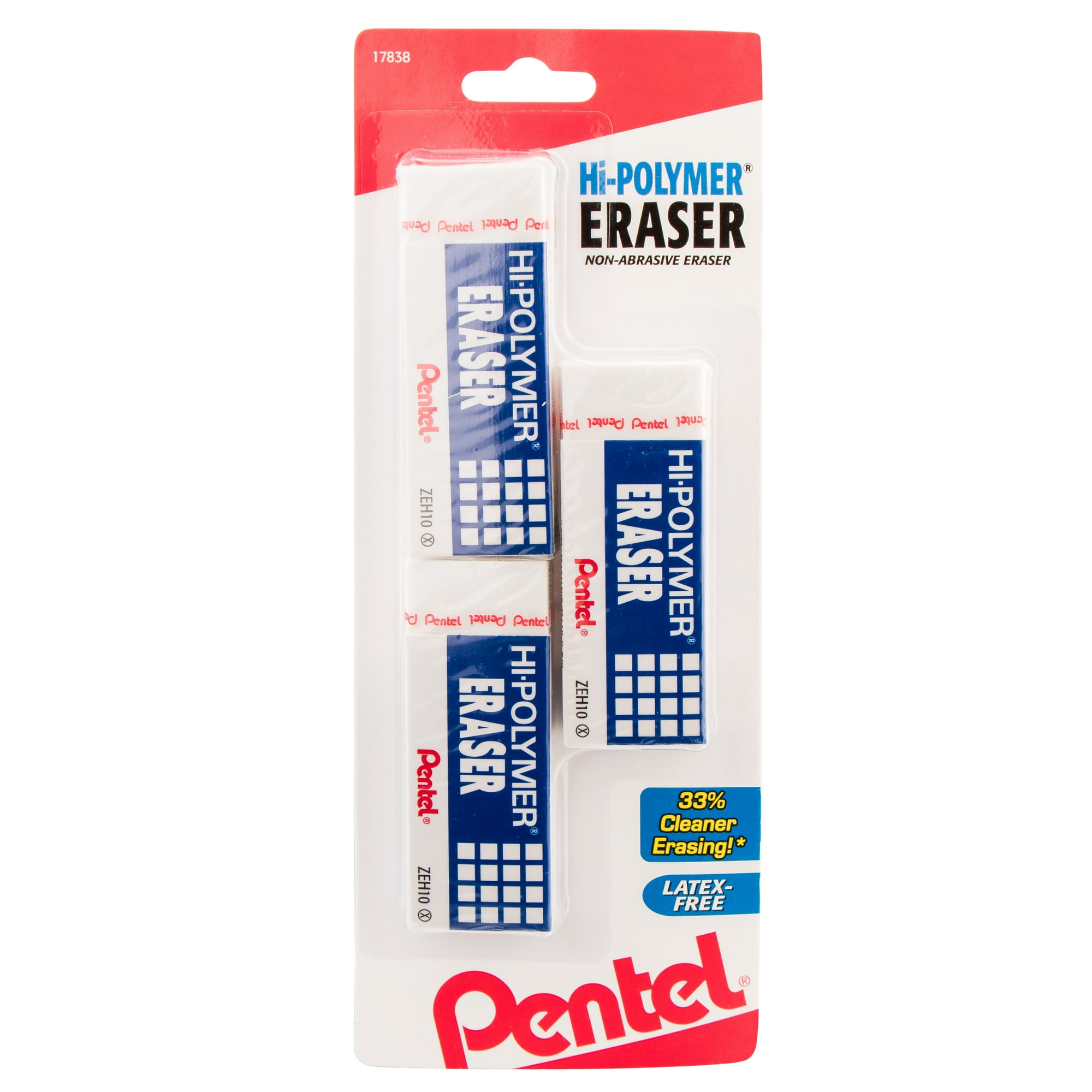 Pentel Hi-Polymer, Large, White, Block Eraser, Latex Free, 3 Pack