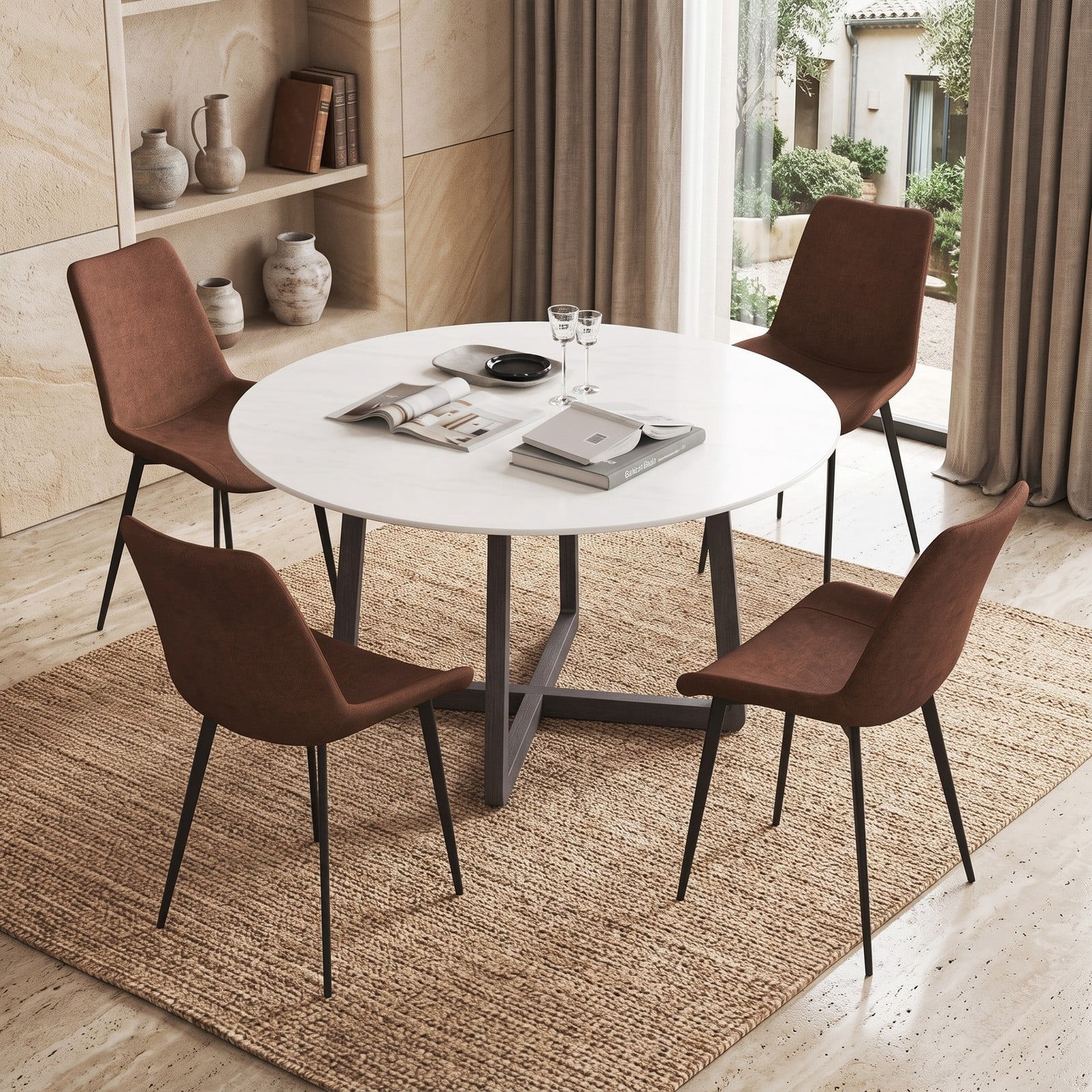 Furnibear Set of 4 Upholstered Dining Chairs with Metal Legs, Faux Linen Padded Back Kitchen Side Chairs, Ergonomic Armless Accent Chairs for Dining Room Living, Brown