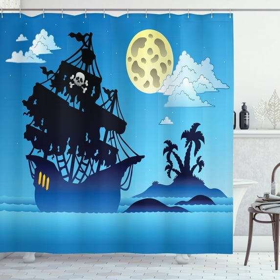Vintage Boat Shower Curtain, Pirate Ship Moonlight Skull Flag Scary Island Dead Bones, Fabric Bathroom Set with Hooks, 69W X 70L Inches, Azure Blue Indigo Pale Yellow, by Ambesonne
