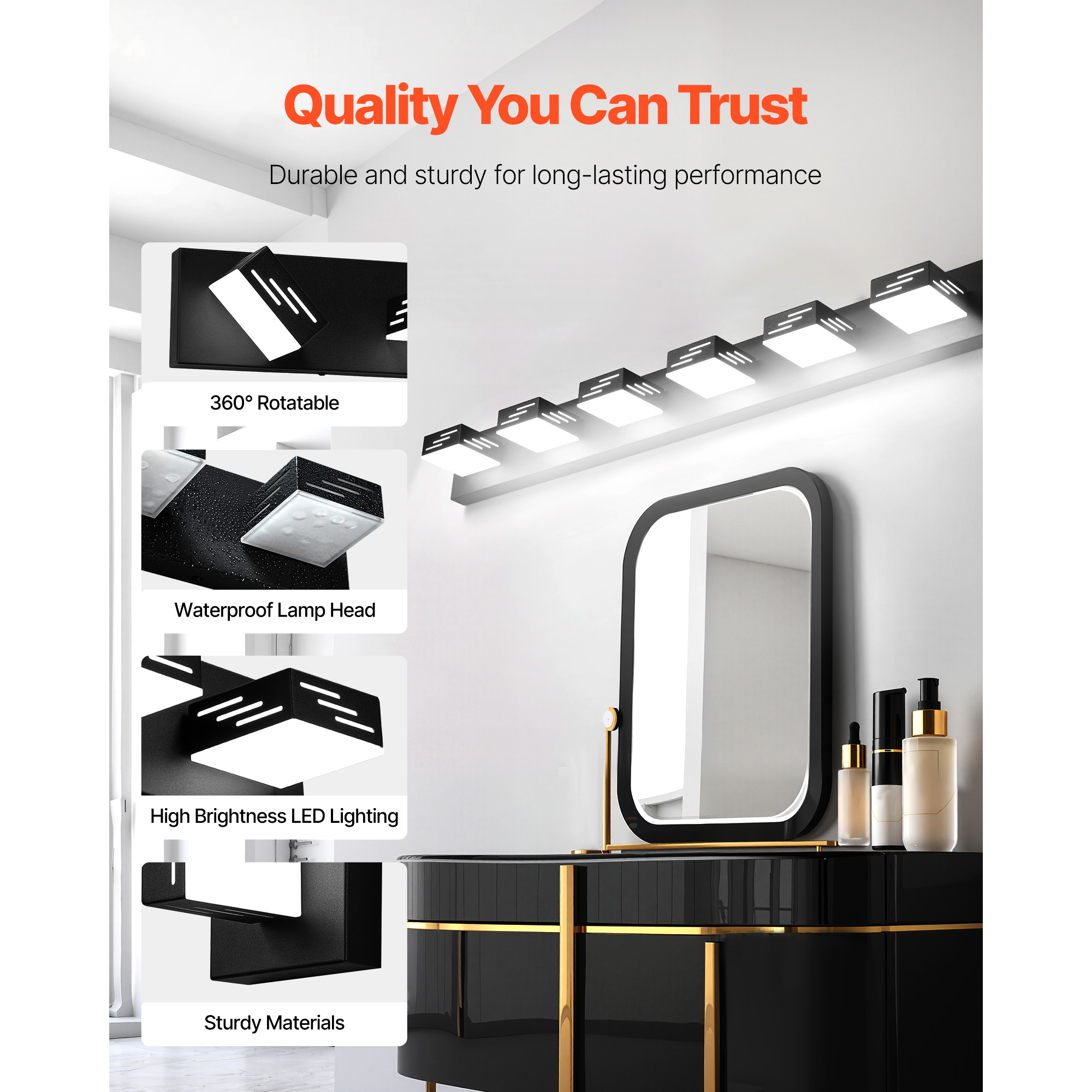 KFFKFF 6-Light LED Vanity Light Fixture, 40.35-Inch, Black Finish Wall Lighting for Bathroom, Bedroom, Living Room, Hallway, Waterproof Design, Cool White 6000K