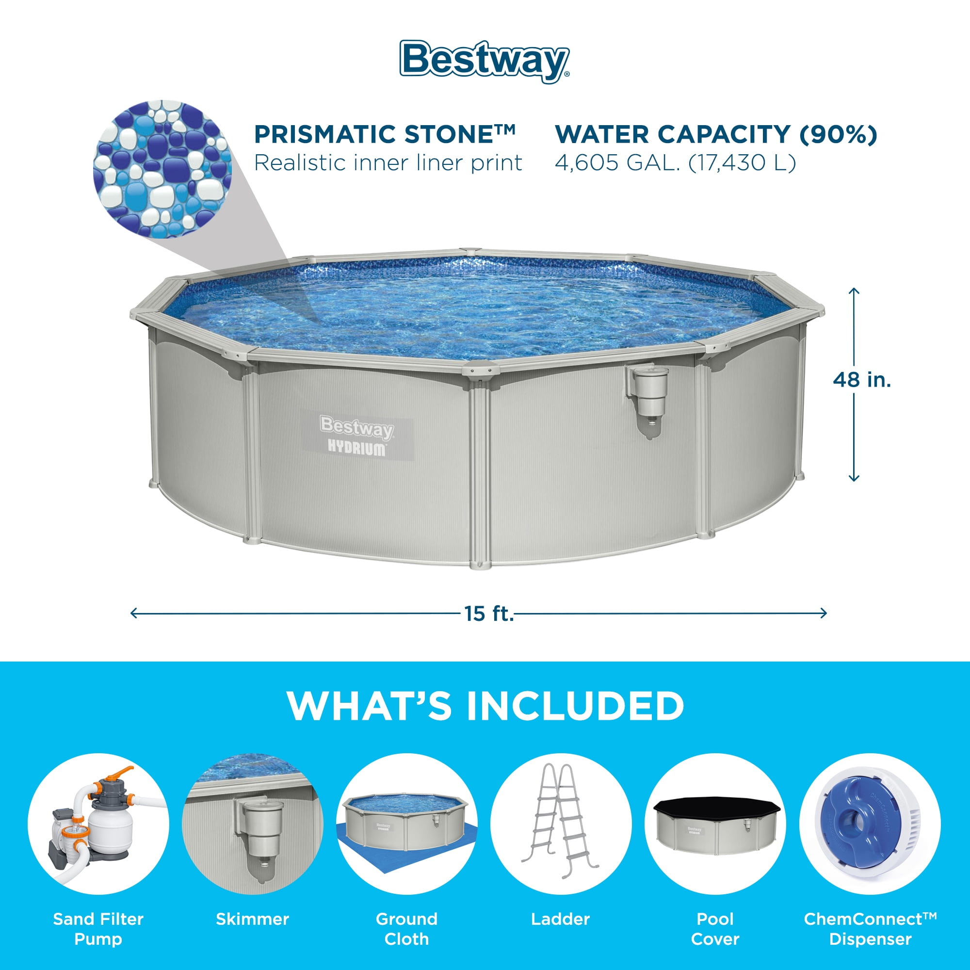 Bestway Hydrium 15' x 48" Steel Side Wall Above Ground Pool w/ Sand Pump & Accessories