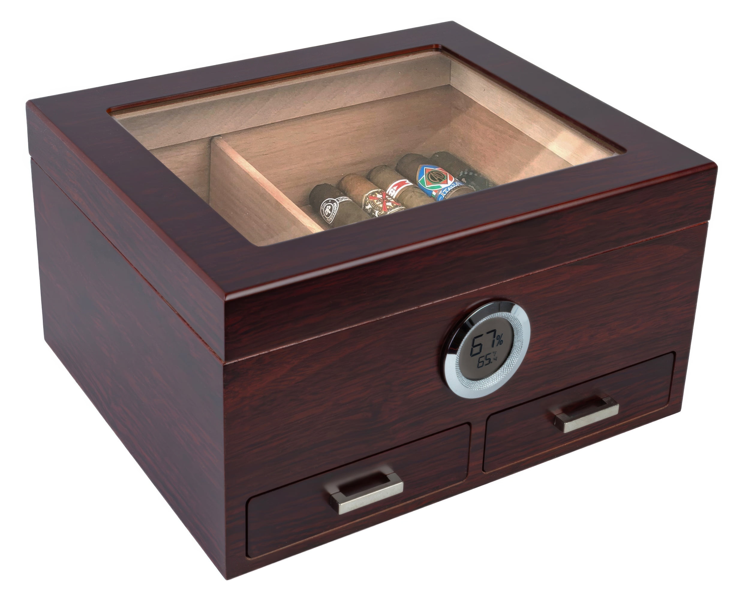 Prestige Import Group Chalet Glass Top Cigar Humidor with Digital Hydrometer & 2 Storage Drawers - 25 to 50 Capacity - Color: Cherry