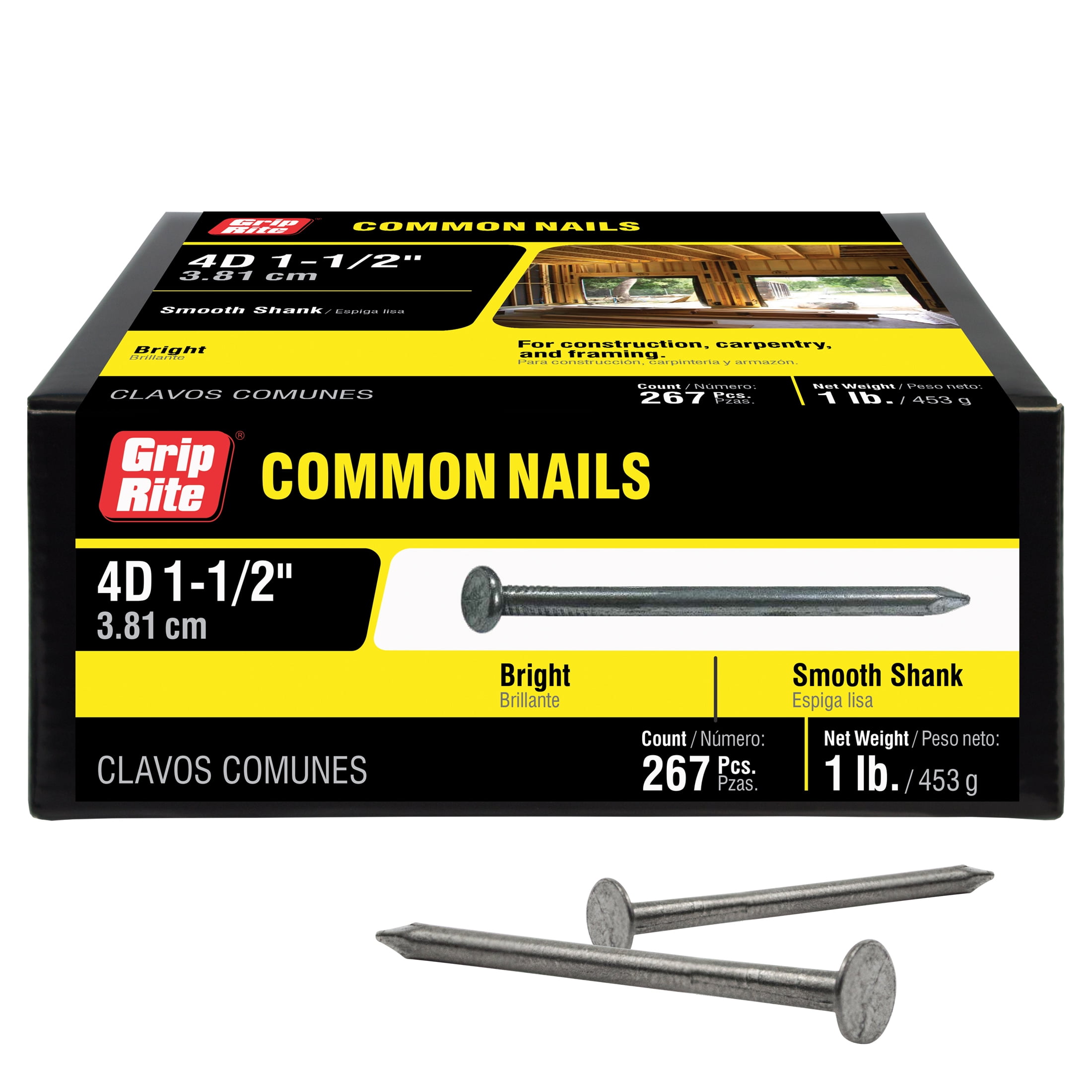 Grip-Rite 1-1/2 in. 4-Penny Bright Steel Smooth Shank Common Nails 1lb. -  Walmart.com