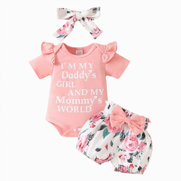 Baby Girls Summer Outfits Set Short Sleeve Romper and Bow Floral Print Shorts Set with Headband 3 Piece