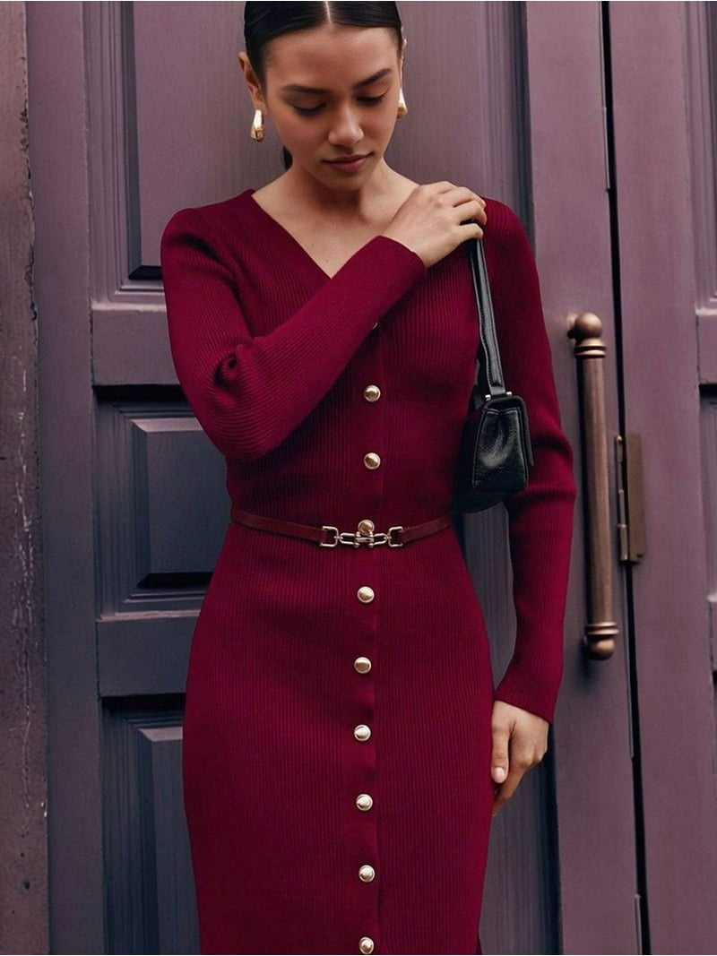 Women'S 2025 Fall Trendy Midi Sweater Dress Casual V Neck Long Sleeve  Ribbed Knit Winter Bodycon Dresses Wine Red L - Walmart.com
