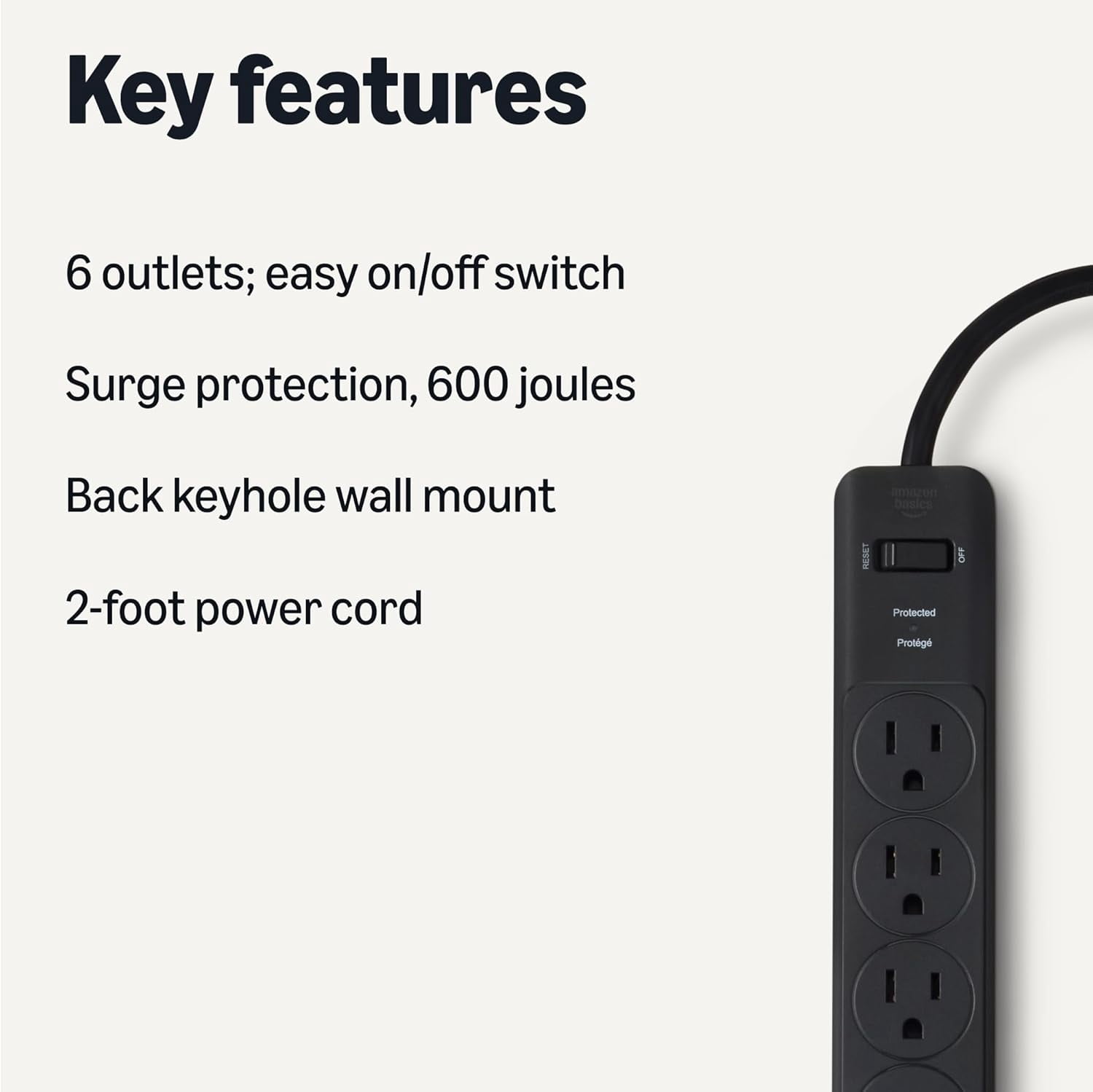Rectangle 6-Outlet Sur Protector Power Strip with Circuit Breaker, 600 Joule, 2ft Cord, Black, 2-Pack