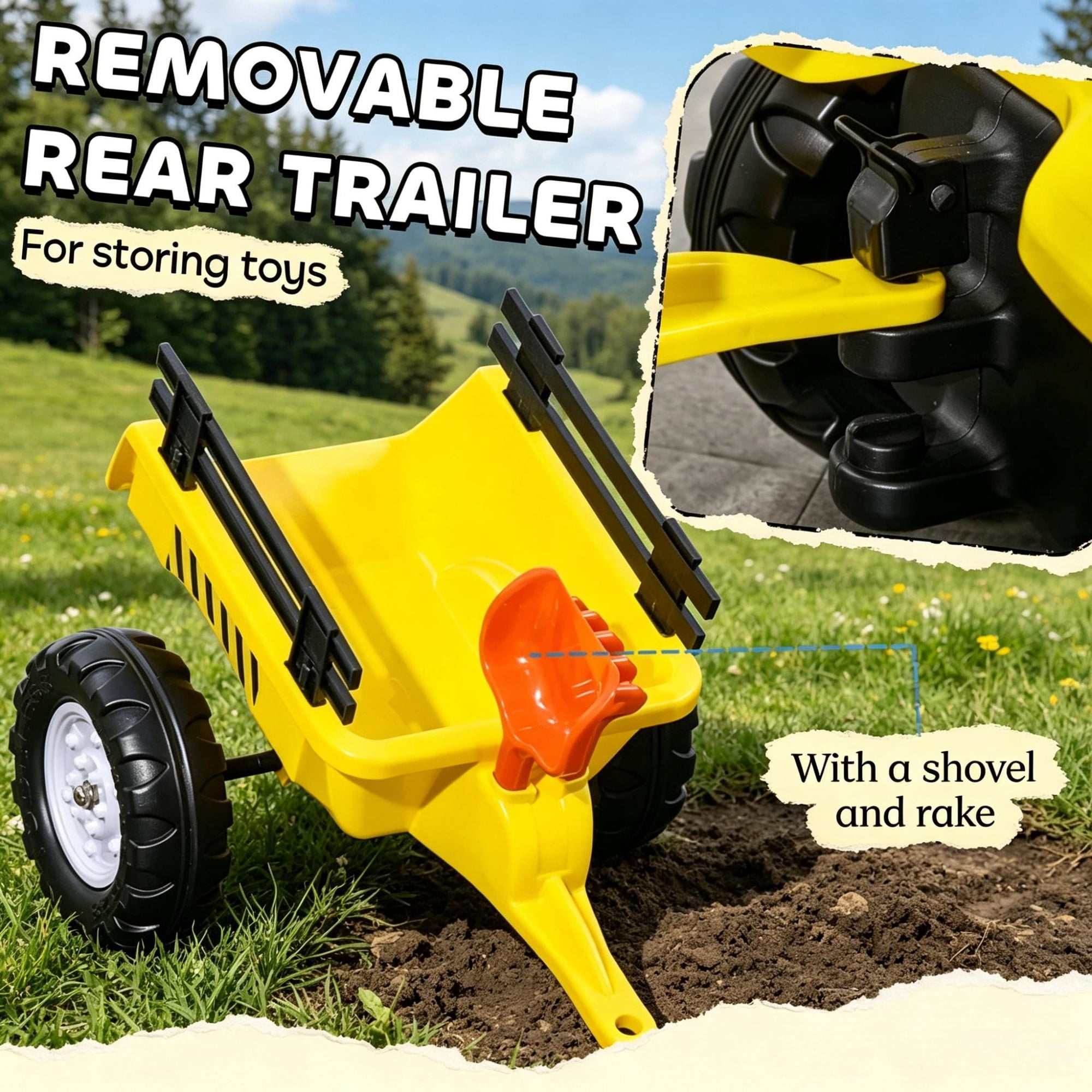 Kids Ride-On Tractor with Trailer Shovel and Rake for Ages 3+
