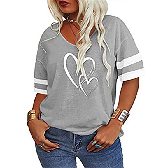 Tittly T Shirts for Women Spring Tops for Women Women's Spring/Summer V Neck Loose Casual Love Printed Color Blocked Short Sleeve T Shirt Graphic Tees Tshirts Shirts Grey L