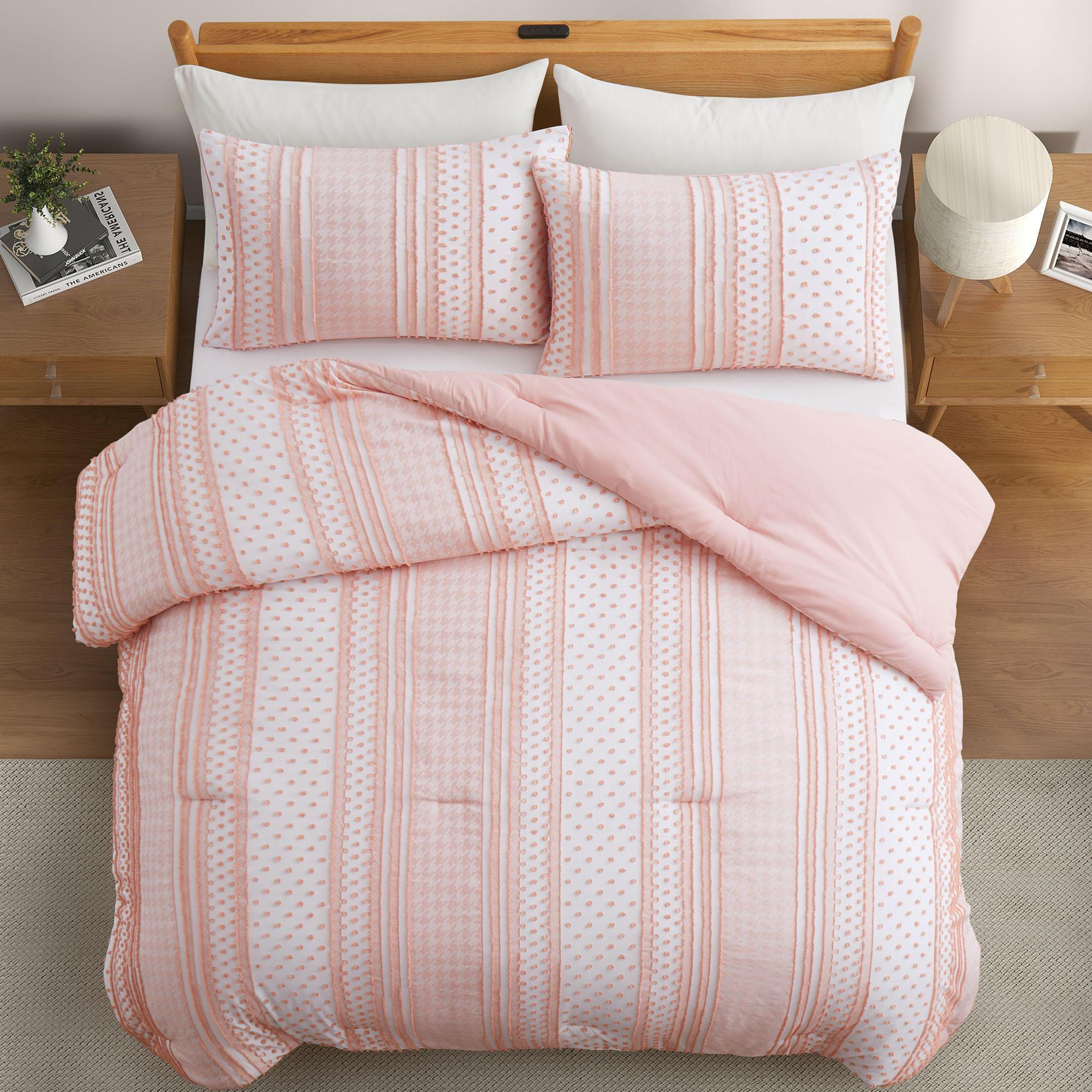 Peace Nest All Season Warmth Clipped Microfiber Comforter Set, Pink, King - image 1 of 6