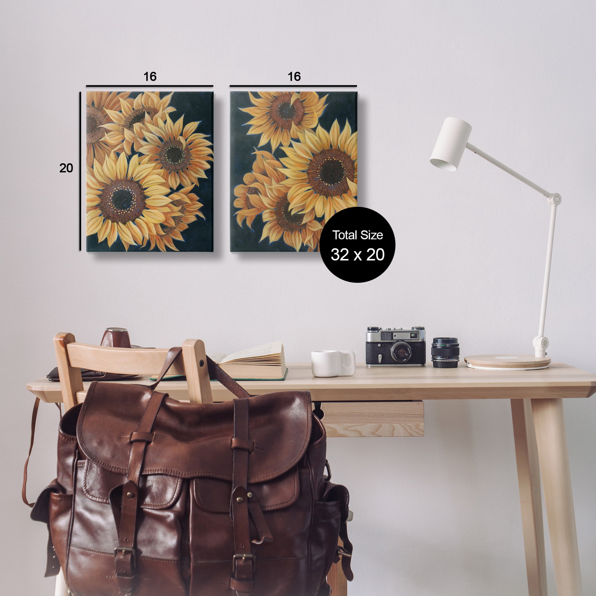 Stupell Industries Sunflowers on Black Botanical & Floral Painting Gallery Wrapped Canvas Art Print Wall Art, 16 x 20, Set of 2